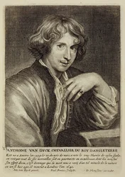 Självporträtt, skylt 33 från en serie porträtt av konstnärer, graverad av Paulus Pontius (1603-58)